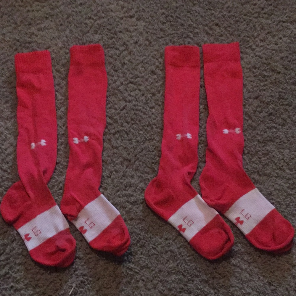 Two pair red adult Under Armour unisex softball/baseball socks. Sz Large